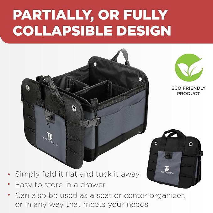 Car Cargo Organizer for SUV, Truck & Auto Storage, Gift, Grey, Large | Fits Cars, SUVs & Trucks • 4 Adjustable Compartments • Non-Slip Base & Straps • Foldable • 11 Pockets • Gift - Image 5