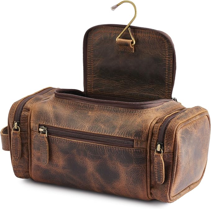 NomadCraftsCo. Medium Sized Hanging Leather Toiletry Bag for Men Women - Premium Men's Travel Bag, Dopp Kit, Leather Pouch, Mens Toiletry Bag for Travel by NomadCraftsCo