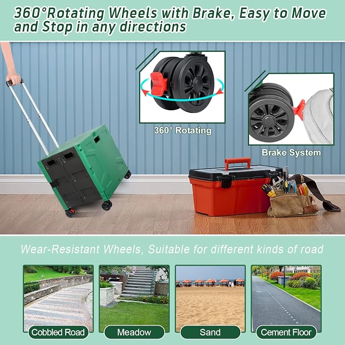 FELICON Folding Utility Cart Rolling Crate Handcart Basket-Dark Green+Black | Collapsible Hidden Lid,Plastic Box,Telescoping Handle,4 Rotate Wheels for Travel Shop Move Grocery Laundry Office Teacher Use - Image 5