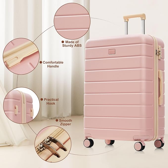Pink 6 Piece Luggage Set Hard Shell - Checked Suitcases with Spinner Wheels & Expandable Duffel Bag for Family Travel, Durable Carry On Luggage Sets with Lock & Toiletry Bag for Women and Men - Image 7