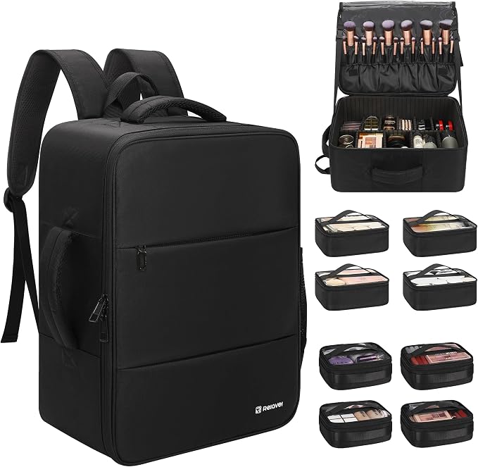 Relavel Makeup Backpack Extra Large Travel Train Case Professional Makeup Artist Kit Set Bag with 8 Clear Bags, Brush Storage Organizer Box with Dividers for Cosmetic Hair Tools Barber Supplies by Relavel