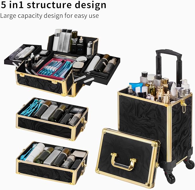 Somduy Rolling Makeup Case, Makeup Train Case with Lid, 5 in 1 Cosmetology Case on Wheels, Christmas Gift, Large Makeup Organizers, Profesional Cosmetic Case for Salon Barber, Pattern Black Gold - Image 5