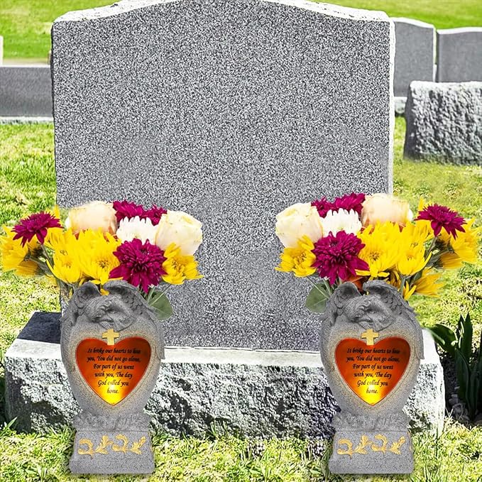 Cemetery Decorations for Grave,Cemetery vases for Grave,Decoration for Graves, Garden Angel,Cemetery vase with led,Family Garden Memorial Statue Funeral Gift, Angels Solar Lights,Crying Angel (Gray)
