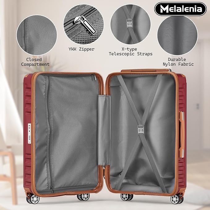 Melalenia Luggage Sets 7 Piece Hard Shell Carry on Suitcase with Spinner Wheels and TSA Lock, Lightweight Travel Duffel Bag for Women, Men, Red Brown - Image 6