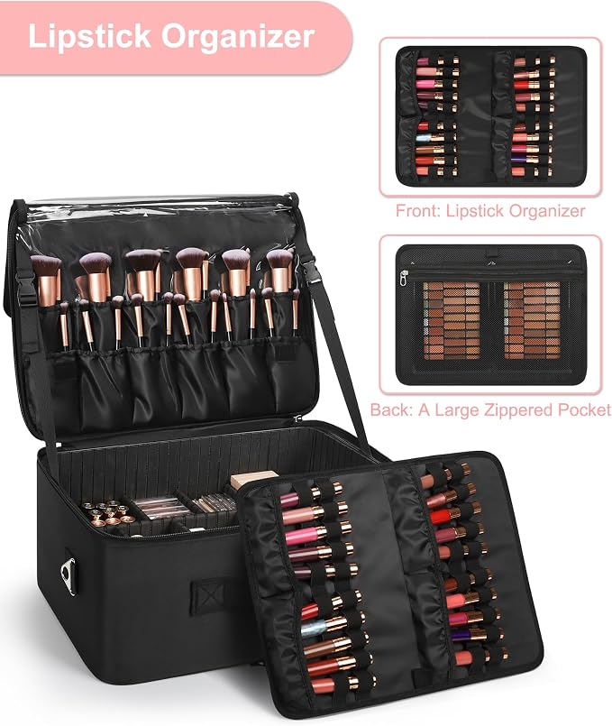 Relavel Extra Large Makeup Case Professional Cosmetic Storage Organizer Box Brush Holder with 4 Clear Set Bags & Lipstick Plate for Makeup Artists with Shoulder Strap & Adjustable Dividers - Image 5