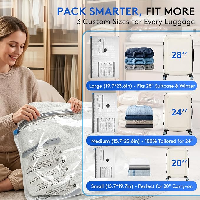 15 Packs Vacuum Bags for Travel with Rechargeable Pump, 3 Sizes Vacuum Seal Bags for Clothing, Compression Vacuum Travel Bags for Luggage, Vacuum Packing Bags for Closet Organization - Image 6