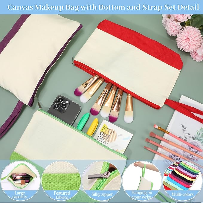 Silkfly 48 Pcs Cotton Canvas Makeup Bags Cosmetic Zipper Bags 10.2 x 5.5 x 2'' Blank DIY Pouch Bulk Pencil Case with Bottom Travel Toiletry Pouch for Women Craft Decor Gift (24 Colors) - Image 3