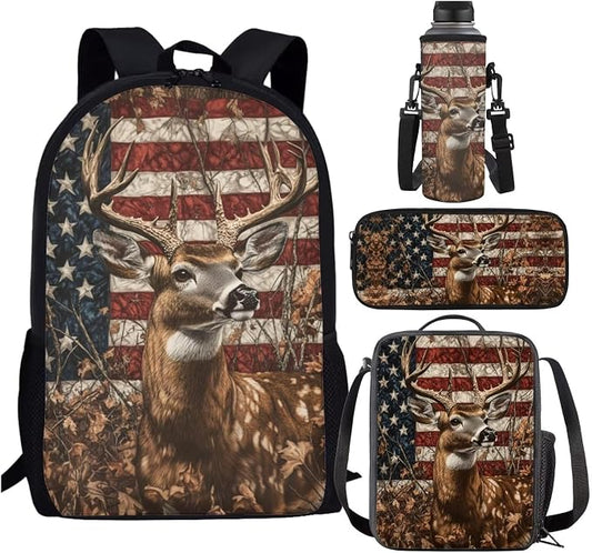 American Flag Backpack with Lunch Box Kids Girls 6-8/8-10 Hunting Deer Bookbags for 1st Grade and Lunch Bag Set Camo Elementary School Back Pack Lunchbox Pencil Case Water Bottle Holder by SCRAWLGODDreamWardrobe