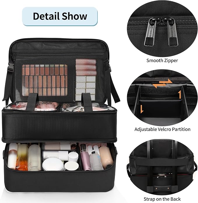 Extra Large Makeup Case, Professional Makeup Artist Traveling Bag, Double Layer Lightweight XL Makeup Travel Case Organizer for Artist Hairstylist Crafters with 2 Detachable Pouch & Shoulder Strap - Image 5