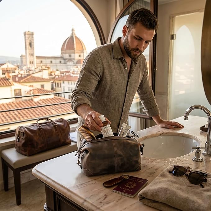 RUSTIC TOWN Full Grain Leather Toiletry Bag for Men & Women – Handcrafted Travel Dopp Kit – Large Water-Resistant Makeup & Shaving Organizer, Hunter Brown - Image 2