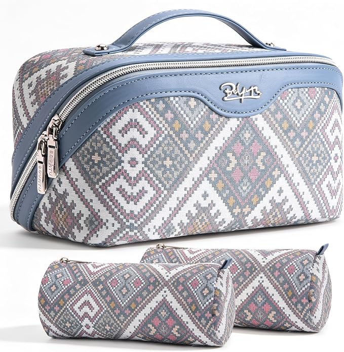 BOYATU Travel Makeup Bag Organizer: Boho Large Capacity Cosmetic Bag Sets | 3Pcs Waterproof Leather Toiletry Bags | 180°Open Flat Make up Case with Compartments | Western Travel Essentials for Women by BOYATU