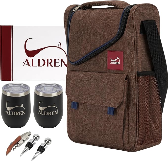 Insulated Wine Cooler Bag Set – 3 Bottle Wine Travel Tote or 2 Bottles with 2 Tumblers – Thermal Wine Carrier with Corkscrew & Stoppers for Picnic and Wine Gifts by Aldren