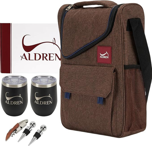 Insulated Wine Cooler Bag Set – 3 Bottle Wine Travel Tote or 2 Bottles with 2 Tumblers – Thermal Wine Carrier with Corkscrew & Stoppers for Picnic and Wine Gifts by Aldren
