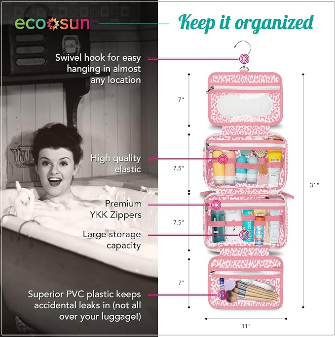 Eco Sun Hanging Travel Toiletry Bag — Designed in Hawaii — Water-resistant Travel Organizer for Bathroom Accessories (Pink Leopard) - Image 3