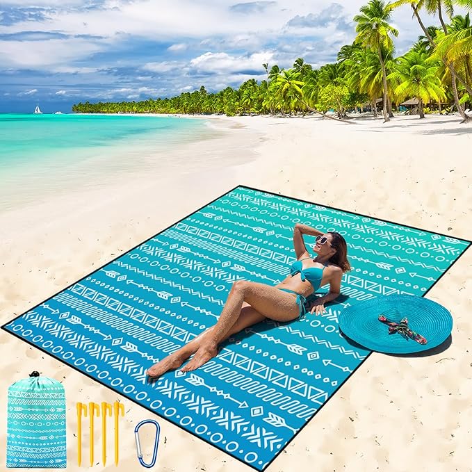 WIWIGO Beach Blanket Waterproof Sandproof Beach Mat 79" X 83"/10'x9'for 2-8 Adults Quick Drying Outdoor Picnic Mat Beach Accessories for Travel, Camping, Hiking by WIWIGO