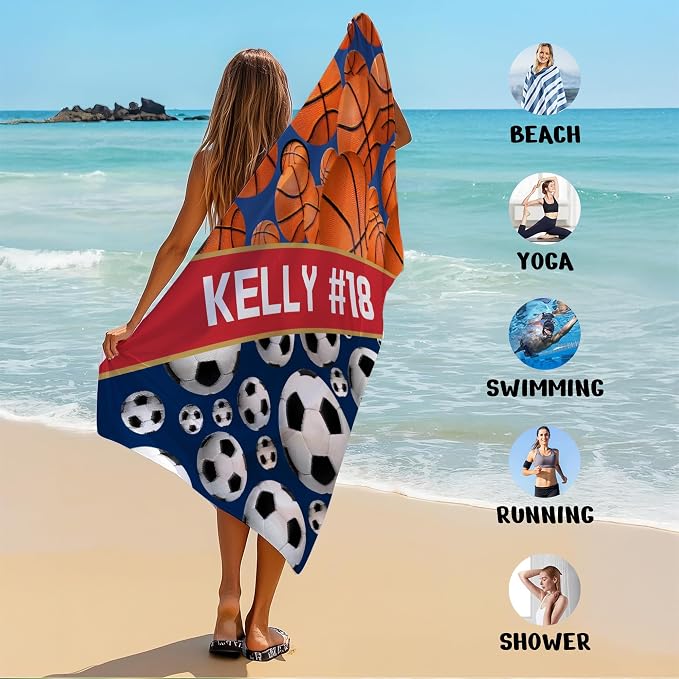 Personalized Beach Towel With Name, Custom Beach Towel with Text, Customized Basketball Football Microfiber Pool Towel, Quick Dry & Absorbent Swim Towel for Adult,Anniversary, Birthday, Summer Holiday - Image 6