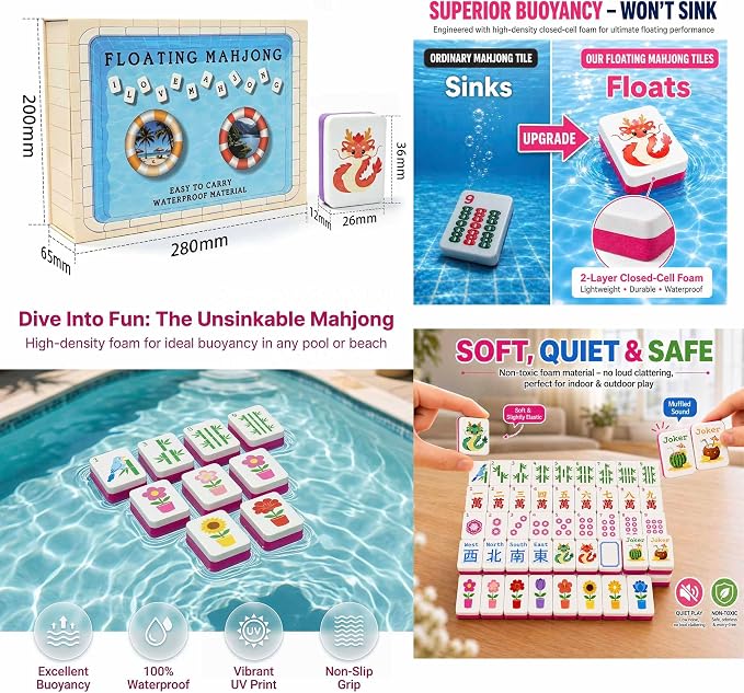 Floating Mahjong Tile Set for Pool,160 American Mahjong Tiles Waterproof EVA Foam with Dice Storage Bag for Pool Party Beach Vacation Summer Outdoor Game Set (Rose red) - Image 7