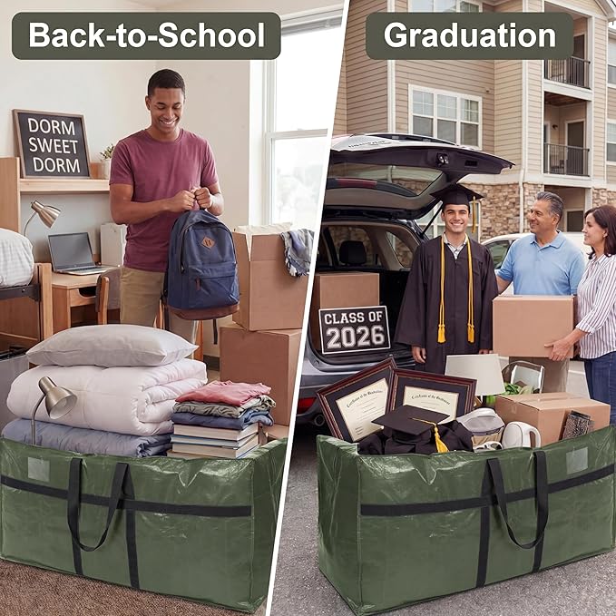 Windyun 4 Pack 57 Gallon Extra Large Moving Bags XXL Heavy Duty Storage Bag with Strong Zipper Handle Jumbo Big Tote Box Foldable for College Dorm Travel Clothes Duffle Blanket Pillow(Army Green) - Image 5