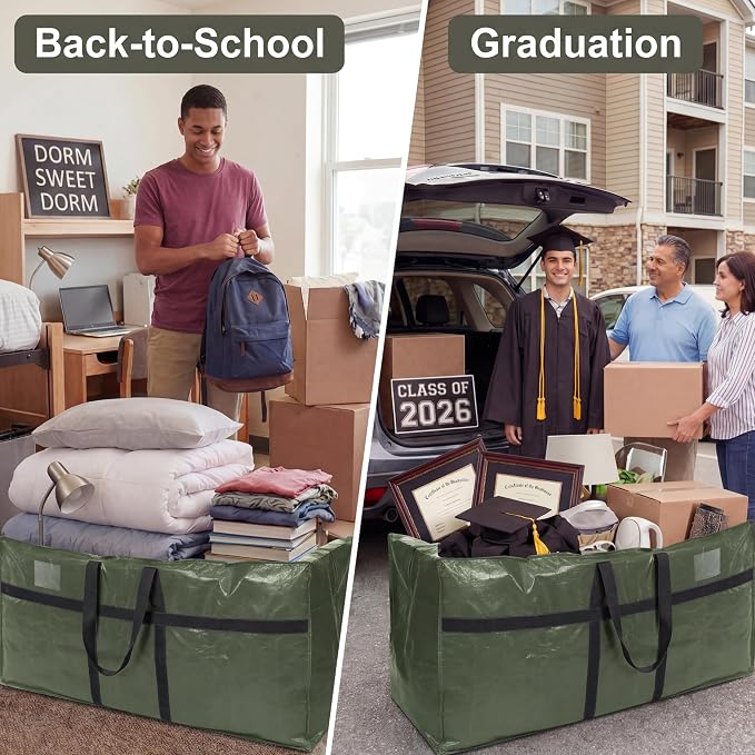 Windyun 4 Pack 69 Gallon Extra Large Moving Bags XXL Heavy Duty Storage Bag with Strong Zipper Handle Jumbo Big Tote Box Foldable for College Dorm Travel Clothes Duffle Blanket Pillow(Army Green) - Image 5