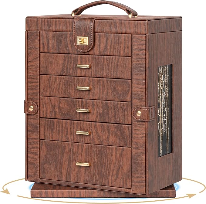 AKOZLIN 6-Tier Jewelry Box Organizer Functional 5 Drawers Leather Jewelry Storage Case for Women Girls Ring Necklace Earring Bracelet Holder Organizer with Mirror XL Red 360° Rotating - Image 8
