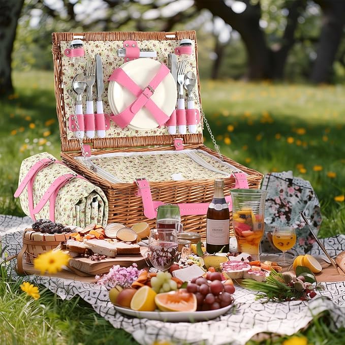 Picnic Basket Set for 4 with Waterproof Blanket Mat Insulation Bag Wicker Pink Floral Classic Fresh Gift for Christmas Thanksgiving Wedding Birthday Camp Outdoor Beach Travel - Image 2