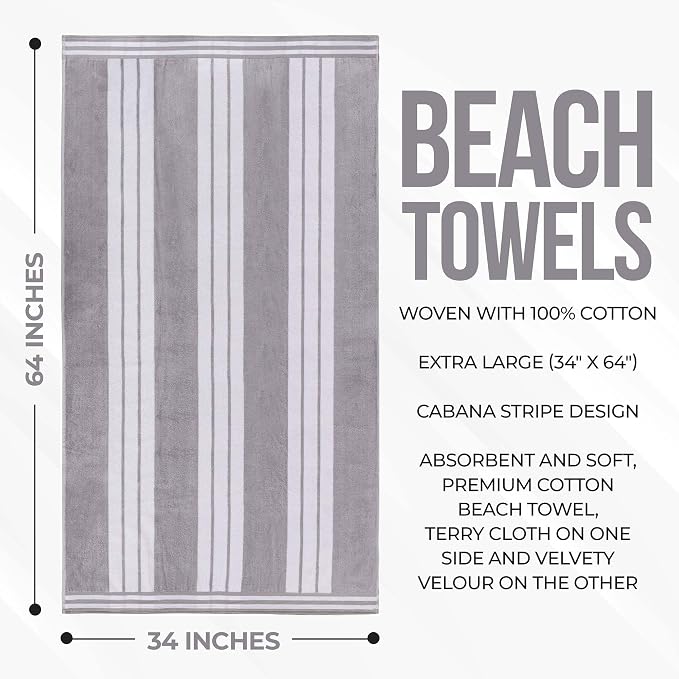 Superior Oversized Cotton Beach Towel Set of 4, Absorbent Towels for Bathroom, Beach, Pool, Swim, Adults, Kids, Vacation, Travel, Bath, Quick Dry Basics, Trip Essentials, Striped Decor, Light Grey - Image 5