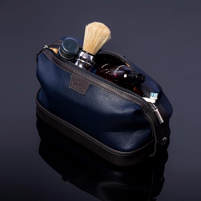 Vetell Leo Large Leather Men's Travel Toiletry and Shaving Case Bag with Upper and Lower Zippered Compartments, 3 Interior Loops and Carrying Handles - Image 3