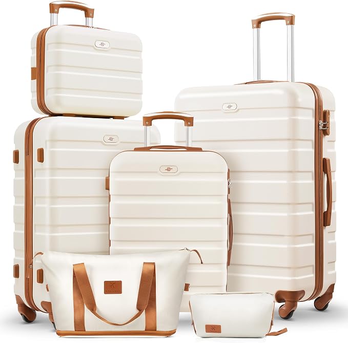 Suitour Luggage Sets 6 Piece, 20-inch Carry-on and 24 inch28 inch Checked Suitcase Set with Cosmetic Case and Expandable Travel Duffle Bags Set(Beige Tan) by Suitour