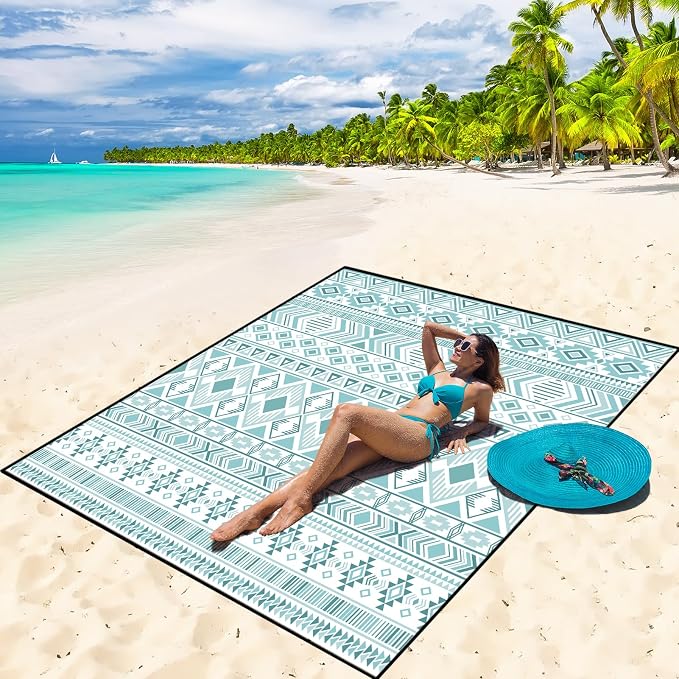 WIWIGO Beach Blanket Waterproof Sandproof Beach Mat 79" X 83"/10'x9'for 2-8 Adults Quick Drying Outdoor Picnic Mat Beach Accessories for Travel, Camping, Hiking by WIWIGO