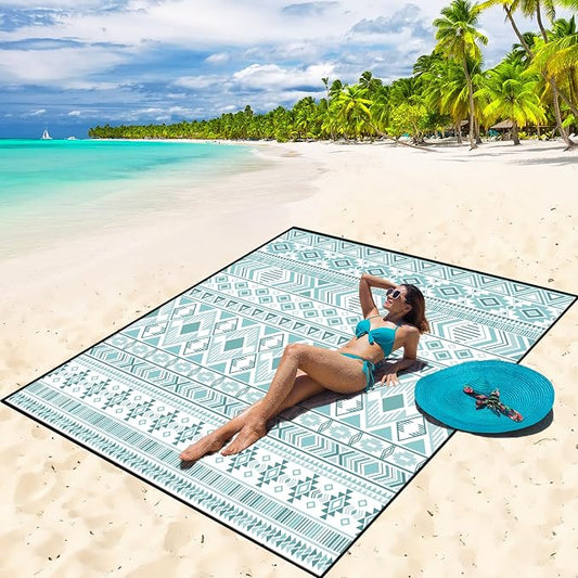 WIWIGO Beach Blanket Waterproof Sandproof Beach Mat 79" X 83"/10'x9'for 2-8 Adults Quick Drying Outdoor Picnic Mat Beach Accessories for Travel, Camping, Hiking by WIWIGO