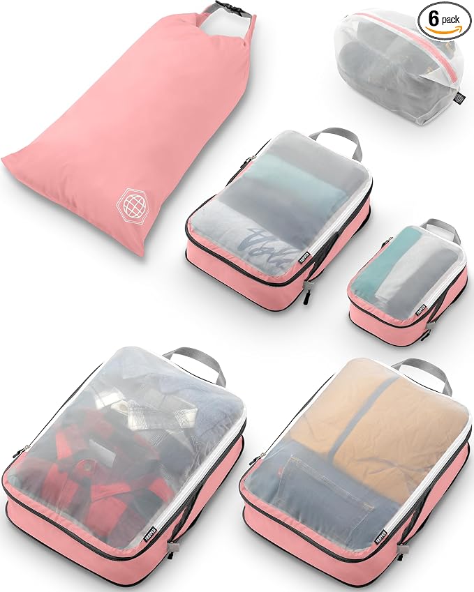 Large Packing Cube Set with See Through Mesh- Compression Packing Cubes Travel Organizers by TRIPPED Travel Gear (Dusty Rose) by TRIPPEDTravelGear