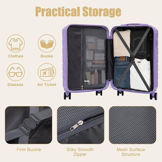 GDFStudio 20 Inch ABS Hard Shell Carry-On Luggage, Spinner Wheel Suitcase with Printed Stripe Pattern and TSA Combination Lock - Blue+Purple - Image 9