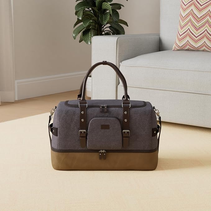 Nerlion Weekender Bag with Shoe Compartment Large Overnight Bag for Men Canvas Genuine Leather Carry on Luggage Bag Travel Duffel Bag(Gray) - Image 2