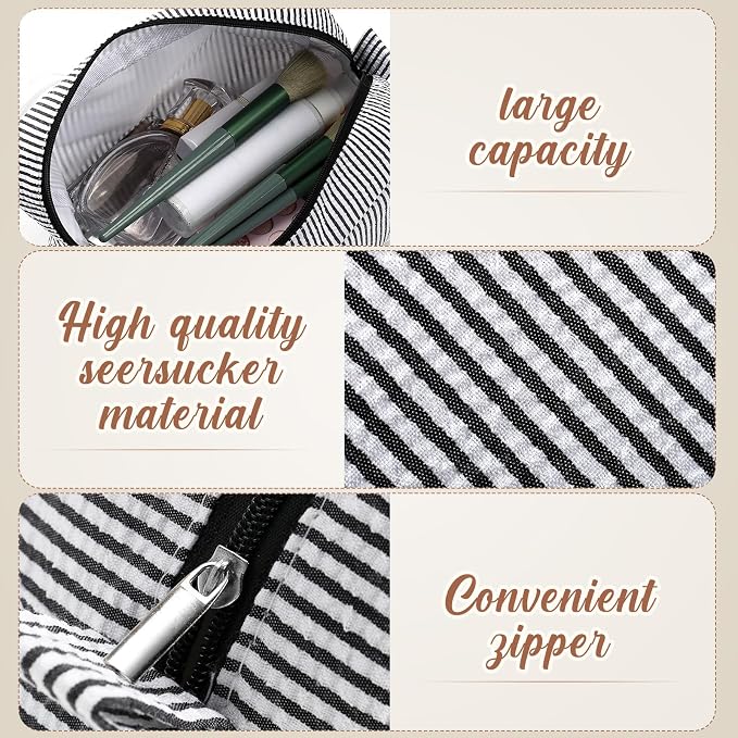 Sanwuta 6 Seersucker Cosmetic Bag Bulk Striped Makeup Bag for Women Aesthetic Cute Travel Toiletry Organizer Preppy Storage Pouch for Wedding Bridesmaid Mother's Day Teacher Gift (Large,Black) - Image 3