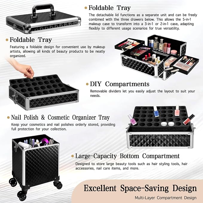 5 in 1 Rolling Makeup Train Case Professional Cosmetic Trolley Large Storage Organizer on Wheels for Hairstylist Artist Nail Beauty Salon Barber Black - Image 5