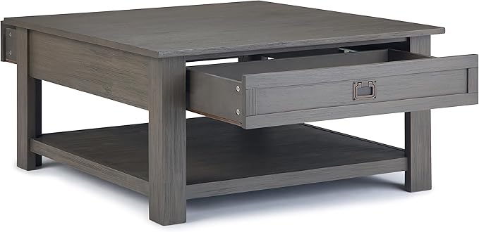SIMPLIHOME Monroe Square Coffee Table - 38 inch Wide Solid Acacia Wood Living Room Table in Farmhouse Grey, Rustic Cocktail Table for Family Room or Lounge with 2 Drawers and Open Shelf