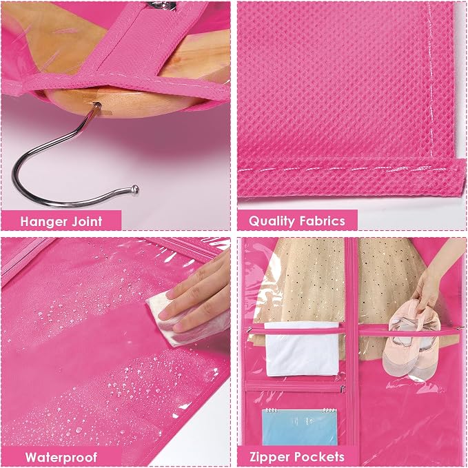 Univivi Dance Costume Bags Garment Bag 40 Inch Hanging Clothes for Dance Competitions, with 3 Medium Clear Zipper Pockets for Dance Costumes, Closet Storage (Rose Red) - 4 Pack - Image 3