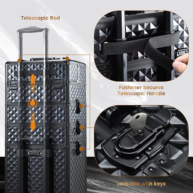 Stagaint Rolling Makeup Case 4 IN 1 Cosmetology Case on Wheels Salon Case | Makeup Organizer Box with Wheels Cosmetic Travel Case Nail Tech Storage Traveling Trunk Box All-Black Diamond - Image 4