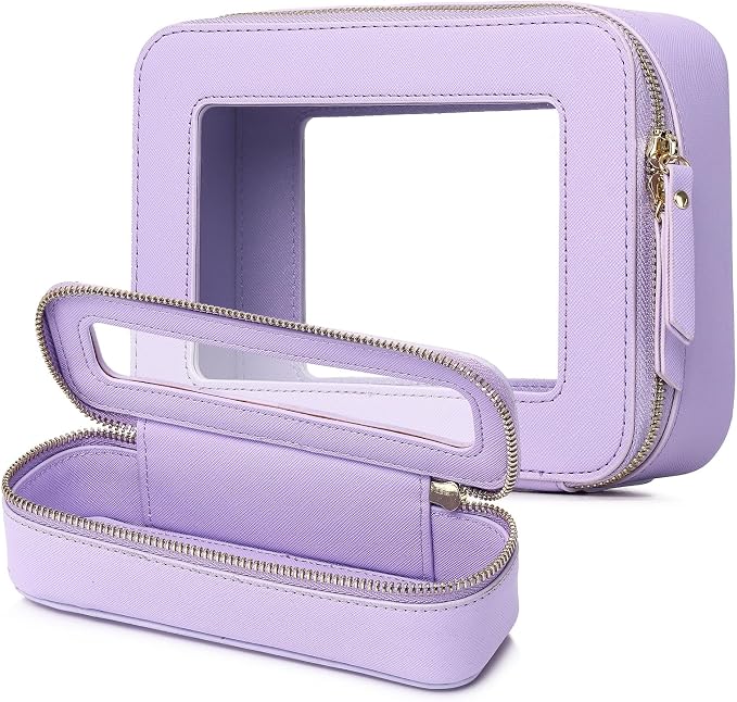 Pinkmik Travel Clear Makeup Bag with Brush Case TSA Approved Toiletry Bag Waterproof Cosmetic Organizer with Zipper Car Essential for Women (X/Purple, M+SLIM) by Pinkmik