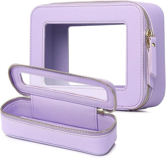 Pinkmik Travel Clear Makeup Bag with Brush Case TSA Approved Toiletry Bag Waterproof Cosmetic Organizer with Zipper Car Essential for Women (X/Purple, M+SLIM) by Pinkmik