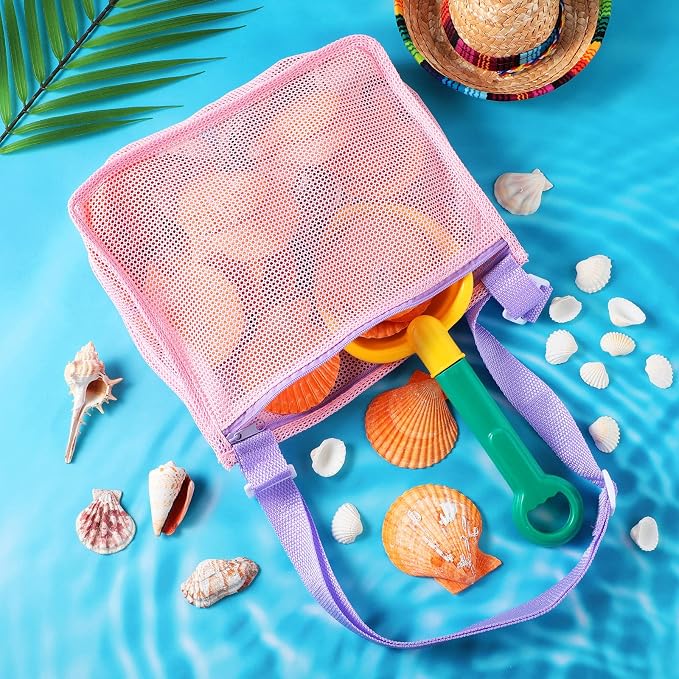Frienda 4 Pcs Mesh Beach Bag Beach Seashell Bag Shell Collecting Sand Toy Totes Colorful Swimming Accessories Storage Pouch with Adjustable Carrying Straps for Men and Women (Colors K) - Image 3