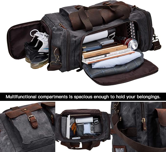 Waxed Canvas Duffel Bag with Shoe Compartment | Waxed Canvas Travel Bag for Men, Genuine Leather Trim, Shoe Compartment, Front Pockets, Weekend, Overnight and Carry-On Use - Image 5