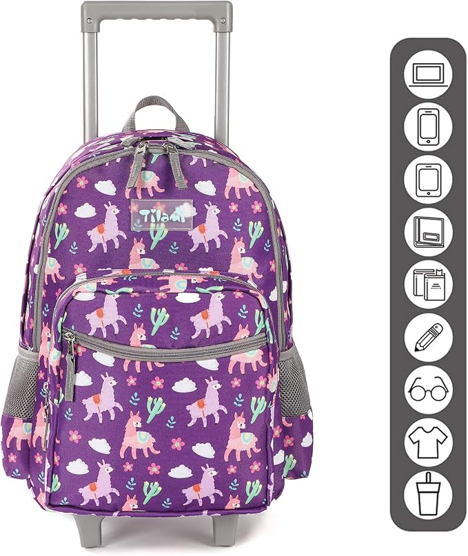 Tilami Rolling Backpack 18 inch Double Handle with Lunch Bag Wheeled Kids Backpack for Girls and Boys, Purple Alpaca - Image 3