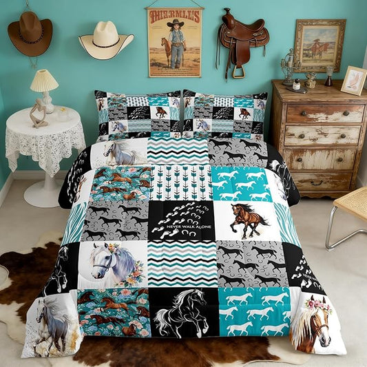 Horse Bedding,Western Farmhouse Horse Comforter Set for Girls King Bed,Boho Arrow Teal Zebra Stripe Comforter for Kids Boys Women,Rose Flower Rustic Cowboy Quilt Duvet Sets 1 Pillowcases Black White by Erosebridal