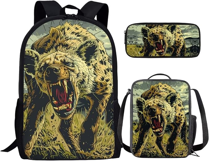 17 Inch Animal Print School Backpack And Lunch Box Set for Kids Lightweight Angry Hyena Backpack for Boys Girls Sturdy School Bag with Insulated Lunchbox Pencil Case Student Bookbag by Parprinty