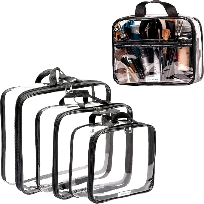 Clear Compression Packing Cubes 3 Set - Clear Toiletry Bag - PVC Makeup Bag - Large Transparent Cosmetic Travel Case by Olanmark
