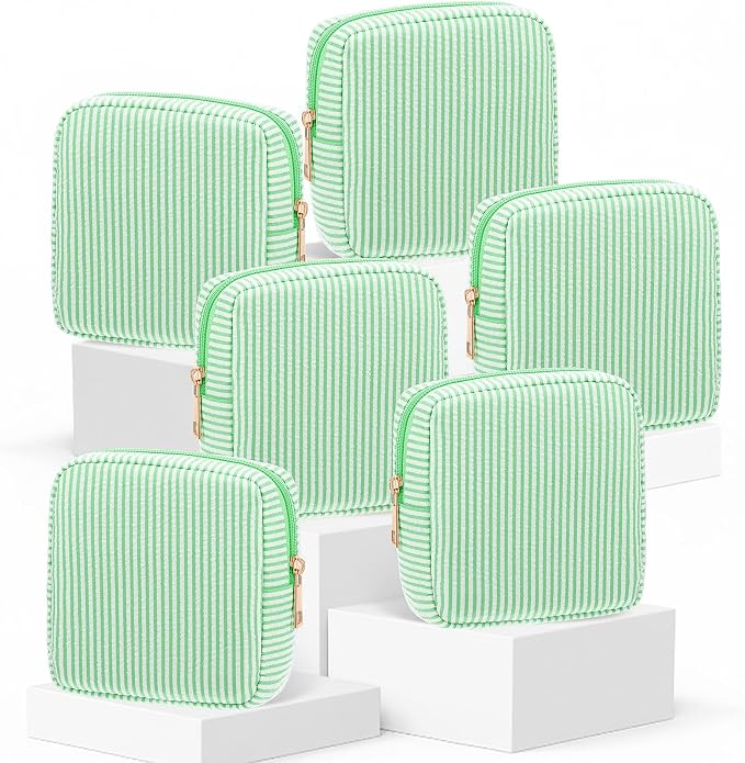 Sanwuta 6 Seersucker Cosmetic Bag Bulk Striped Makeup Bag for Women Aesthetic Cute Travel Toiletry Organizer Preppy Storage Pouch for Wedding Bridesmaid Mother's Day Teacher Gift (Small,Green) by Sanwuta