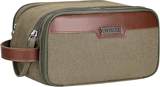 WITZMAN Canvas Toiletry Bag for Men Travel Toiletries Large 7L Dopp Kit | Multi-pockets with Dry-wet Pocket, Side Handle for Hanging, Lightweight, For Daily Use, Bathroom, Make up, A8002 Army Green by WITZMAN