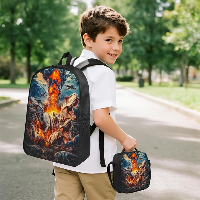 Dinosaur Kid Backpack Set with Lunch Bag & Pencil Case Large Capacity School Bag 17 Inch Bookbag for Boy Girl - Image 2