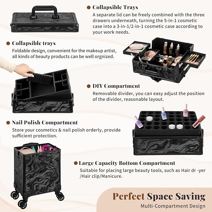Rolling Makeup Train Case with Lid Cosmetology Case on Wheels | 5 in 1 Large Cosmetic Trolley Organizer Travel for Hairstylist Artist Nail Beauty Salon Barber Cart Trunk, Black Ink - Image 5